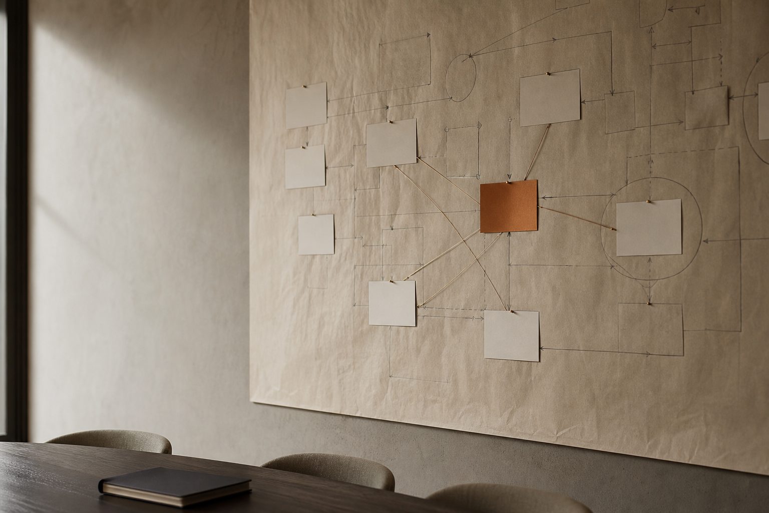 A wall-sized paper process map in a quiet meeting room
