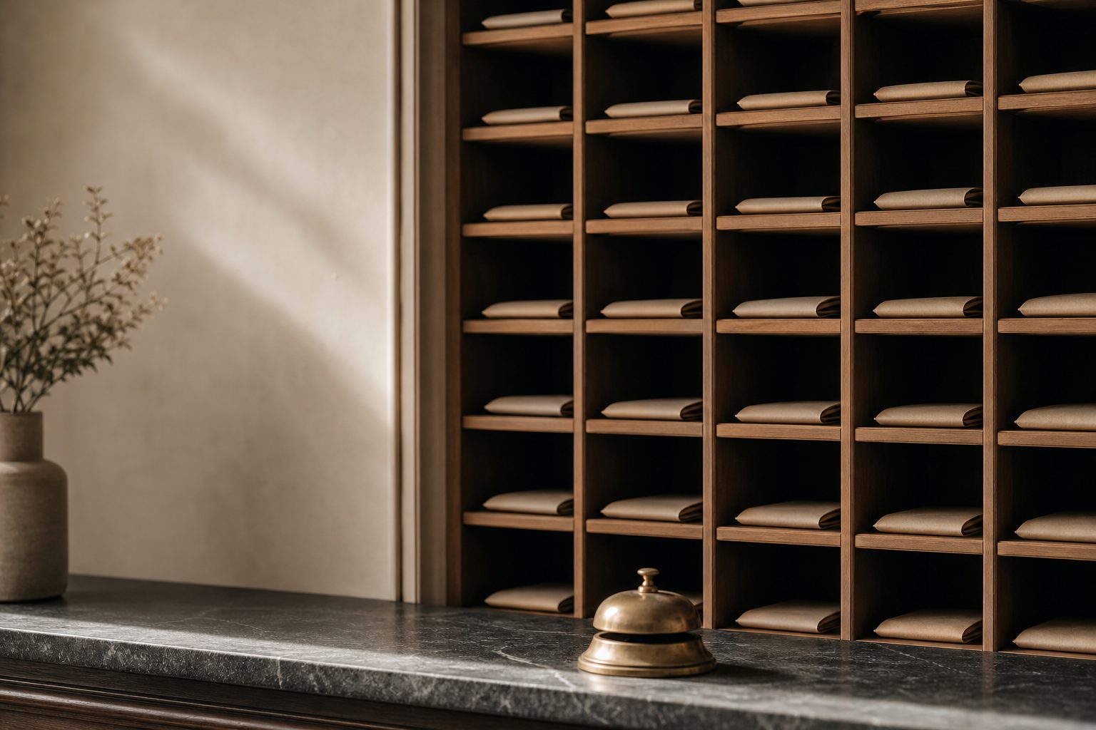 A wall of wooden pigeonholes, each holding one folded document, with a brass bell on the counter