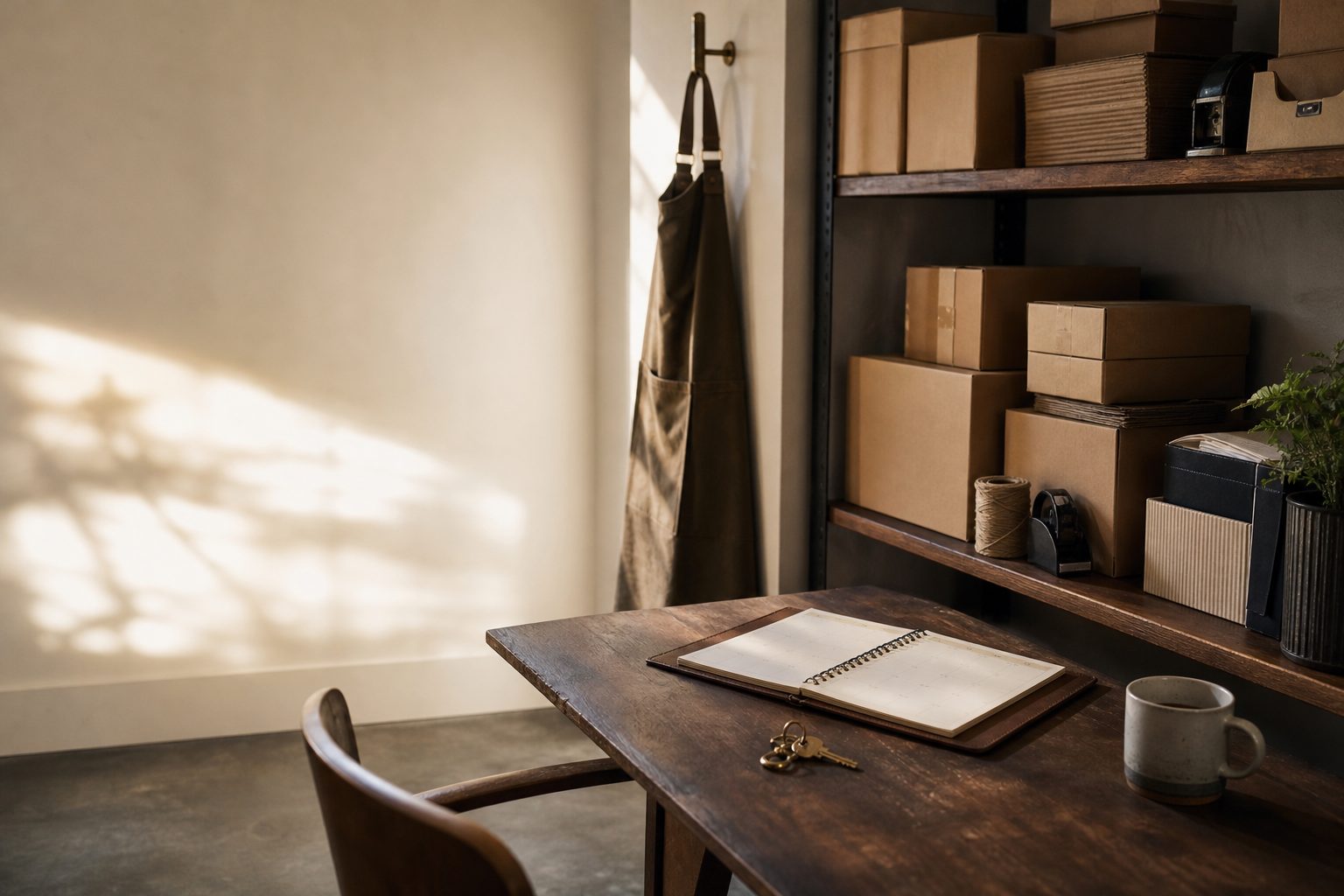 A small business back office with a desk, an open weekly planner and shelves of stock