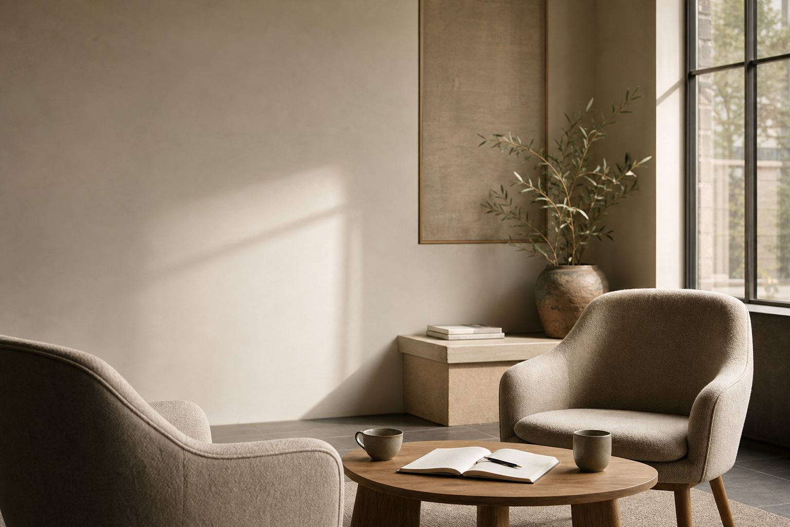 Two armchairs and a low table with an open notebook in a quiet consulting room