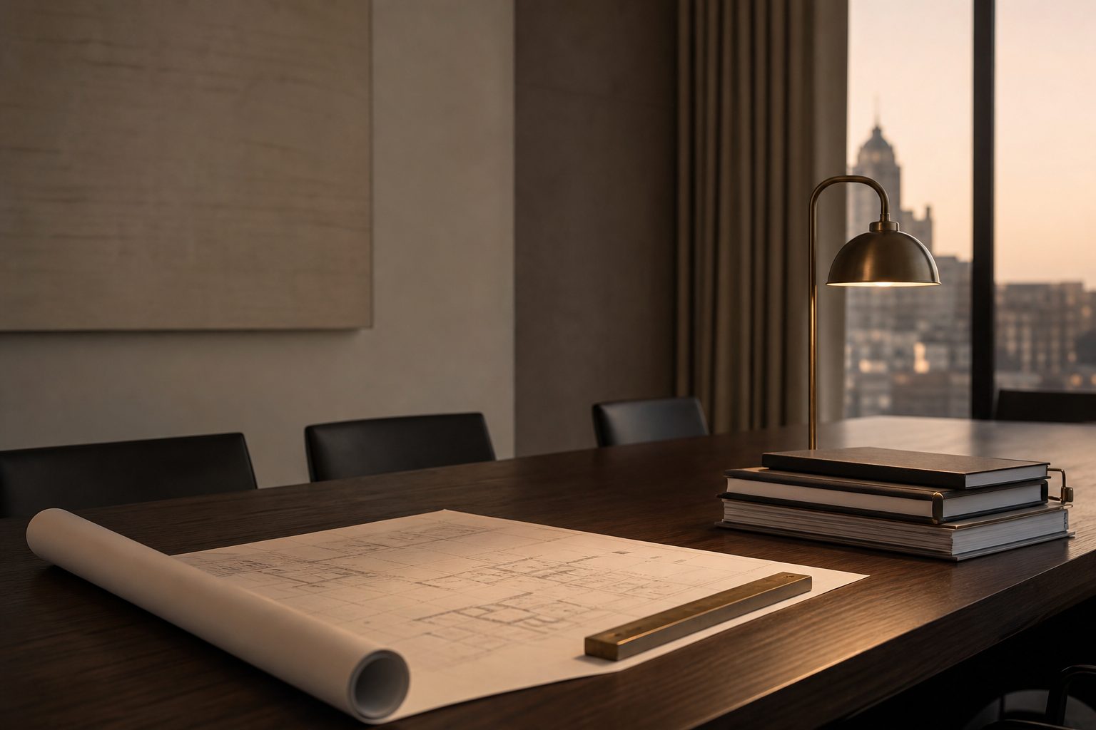 A boardroom table at dusk with a plan sheet, a brass ruler and a stack of bound reports