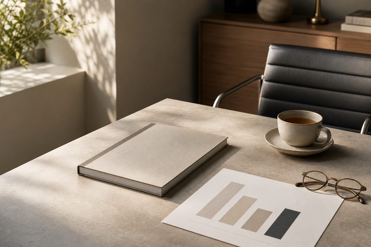 A bound report, a printed chart and reading glasses on a stone desk in morning light
