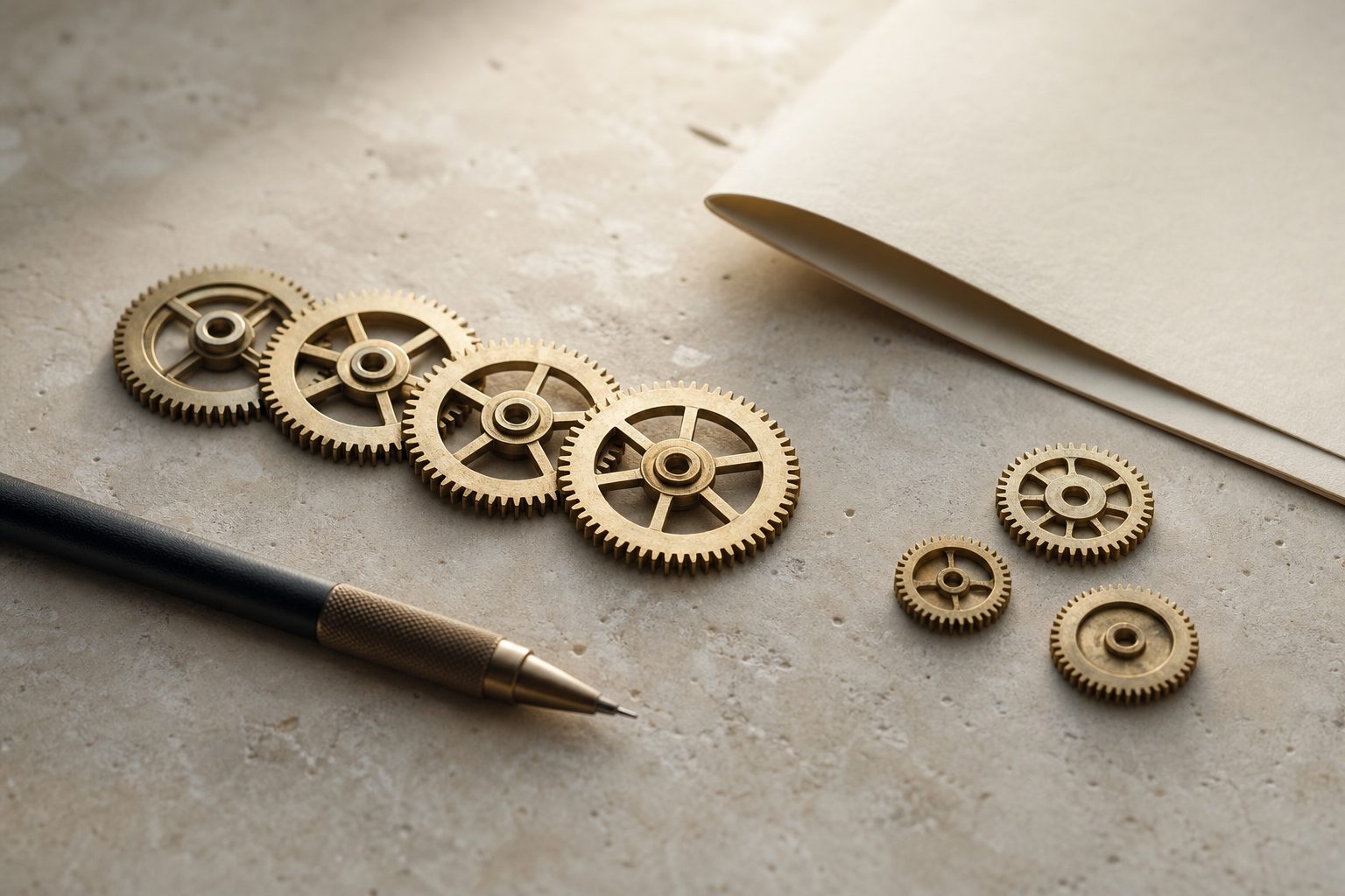 Brass gears meshing on a stone surface, with three spare gears set aside
