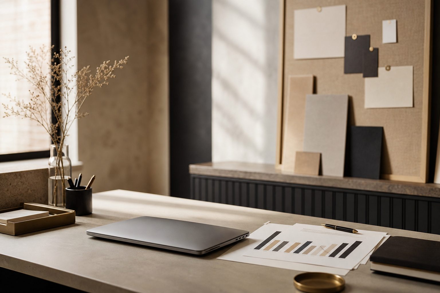 A marketing agency desk with paper reports