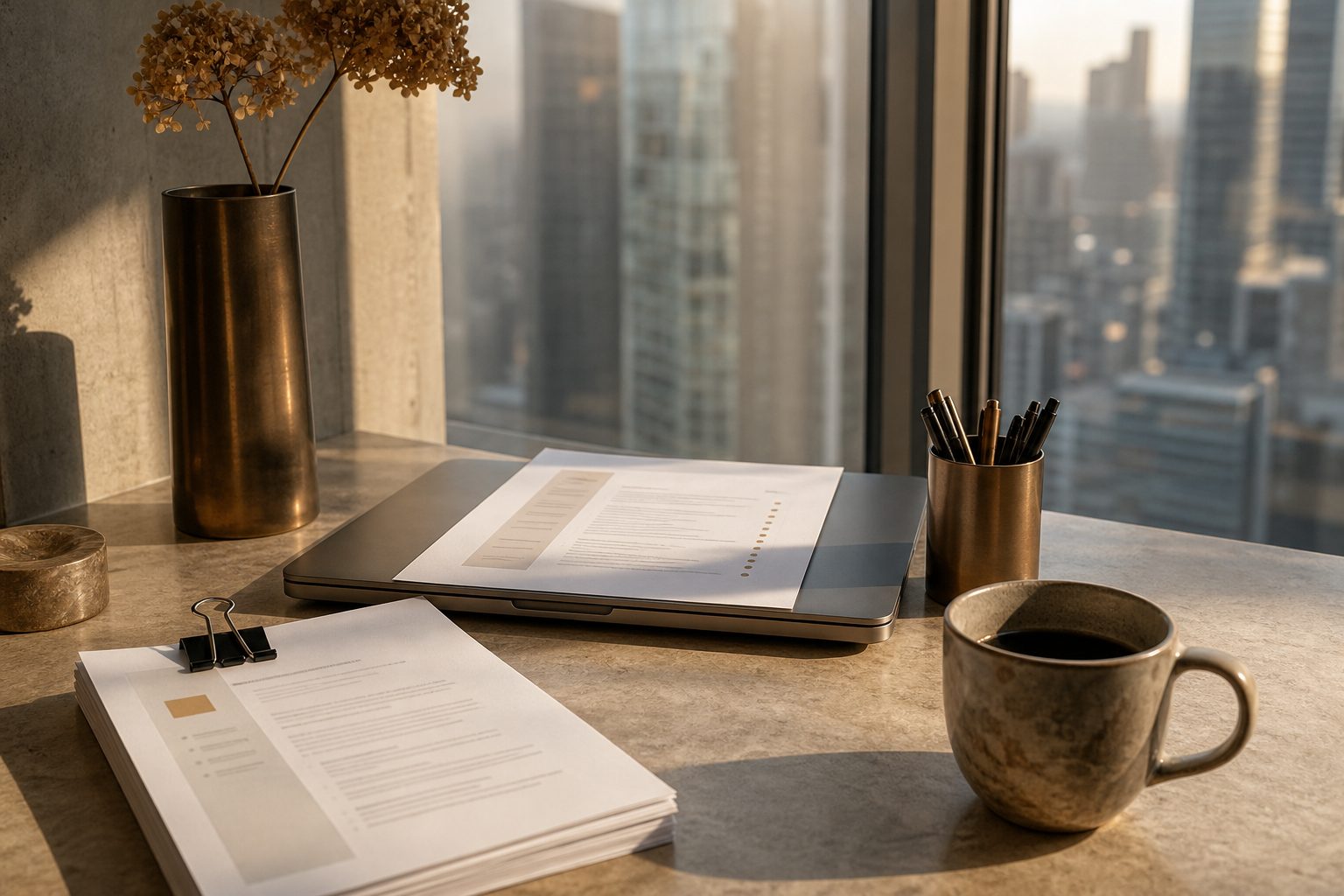 A recruiter's desk with a laptop, a printed shortlist and a stack of CVs