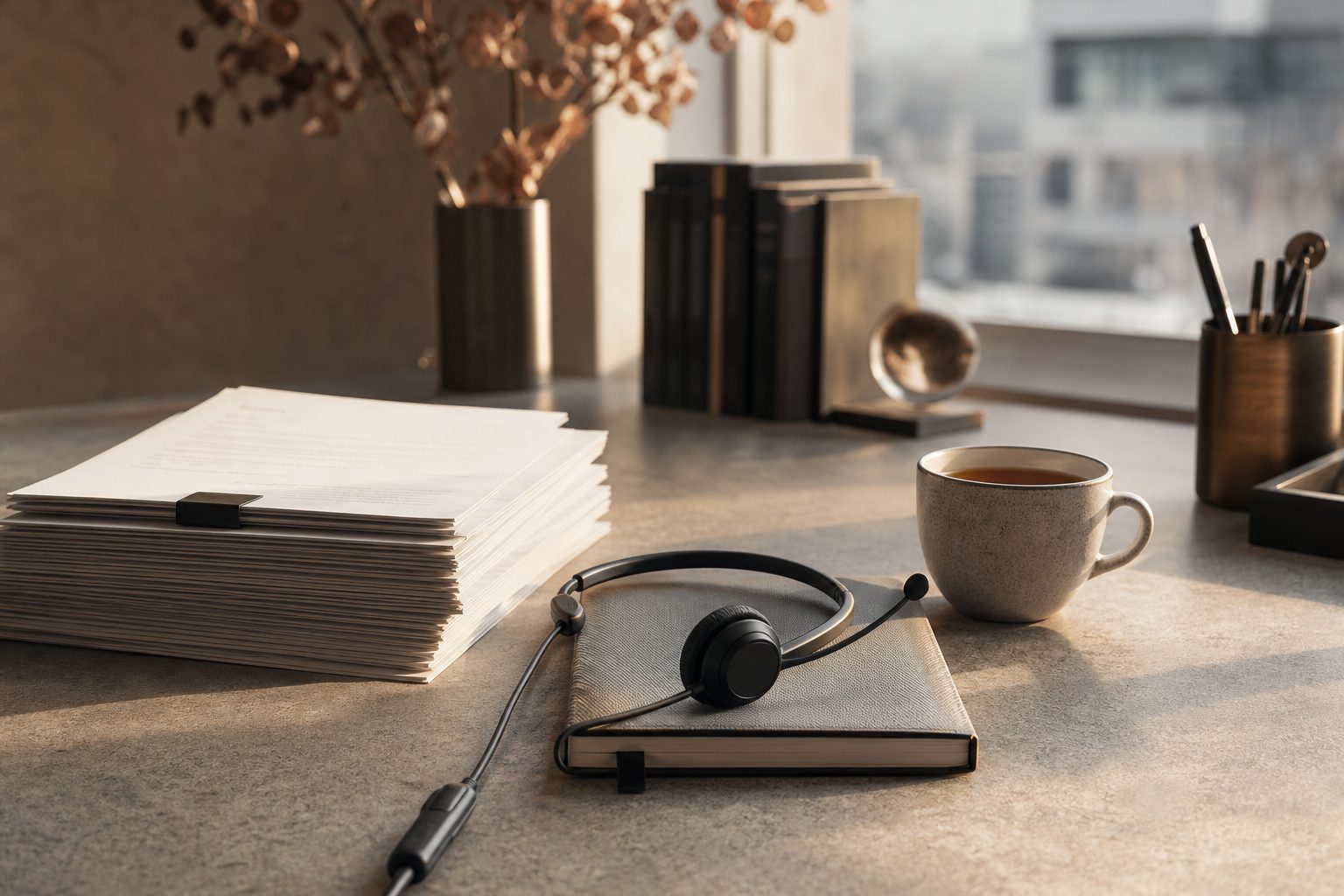 A recruiter's desk with a headset and notebook