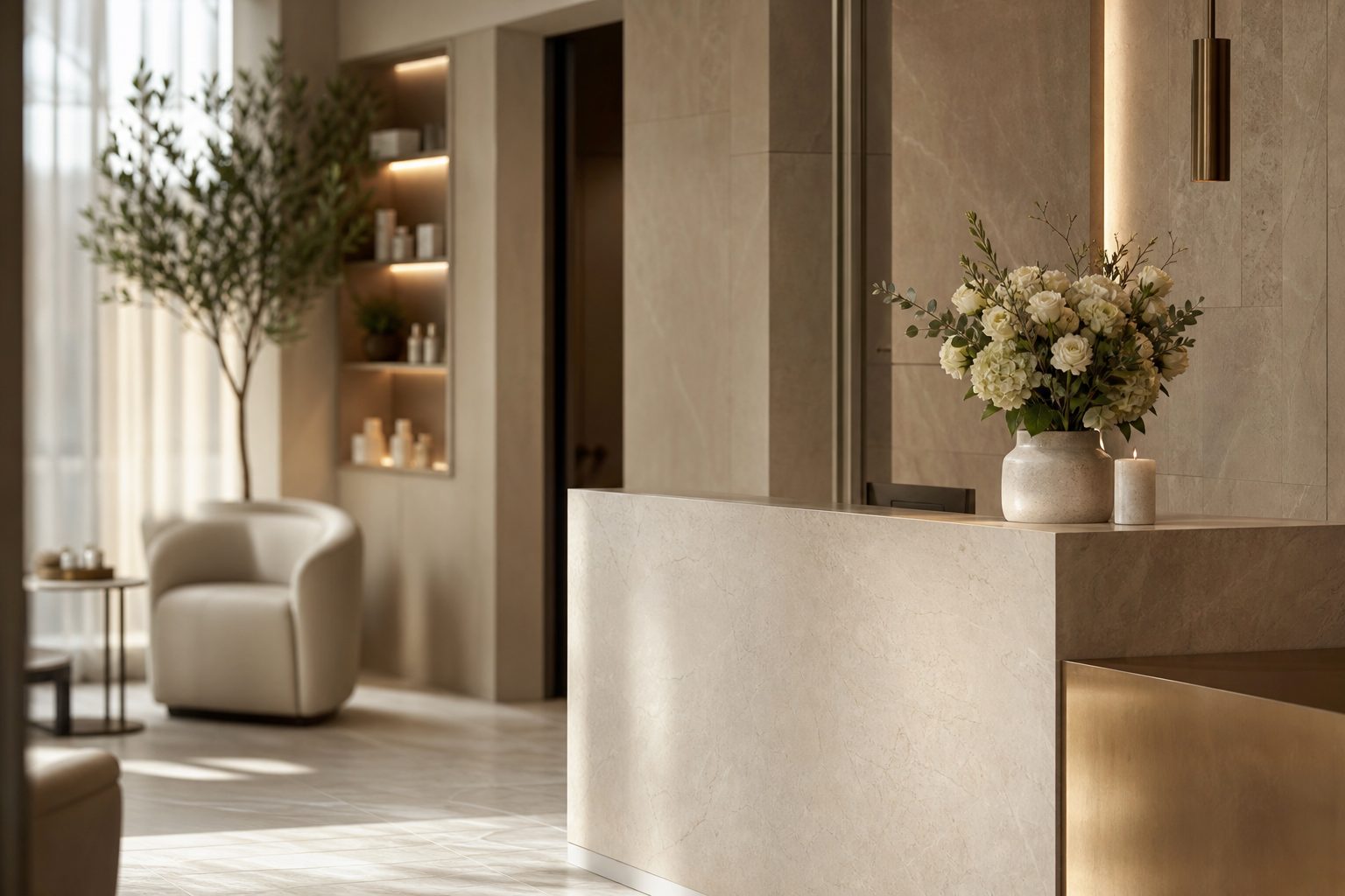 A calm clinic reception with white flowers