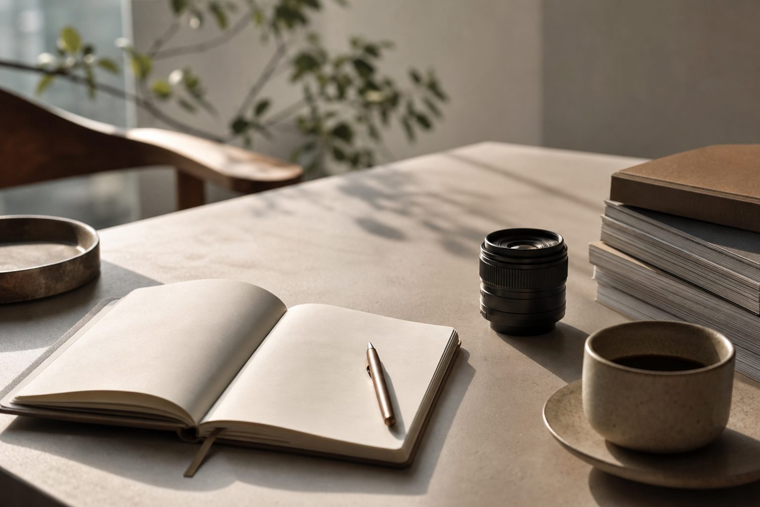 A content studio desk with a notebook and a camera lens
