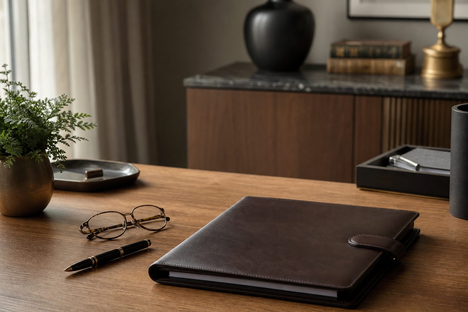 A financial planner's desk with a leather folder and pen