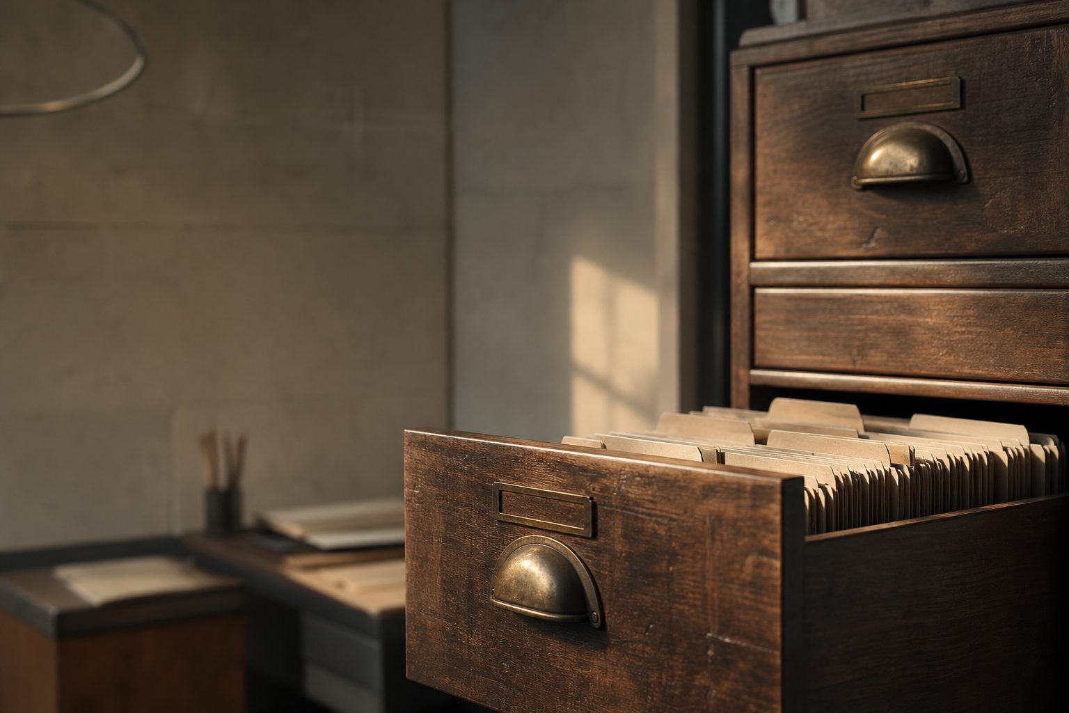 An old wooden filing cabinet with a drawer of folders pulled open in late afternoon light