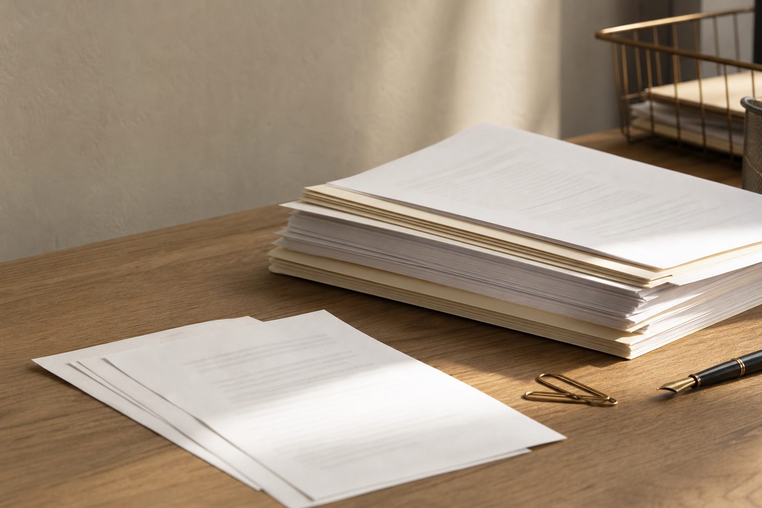 A stack of documents and folders on an oak desk in warm window light