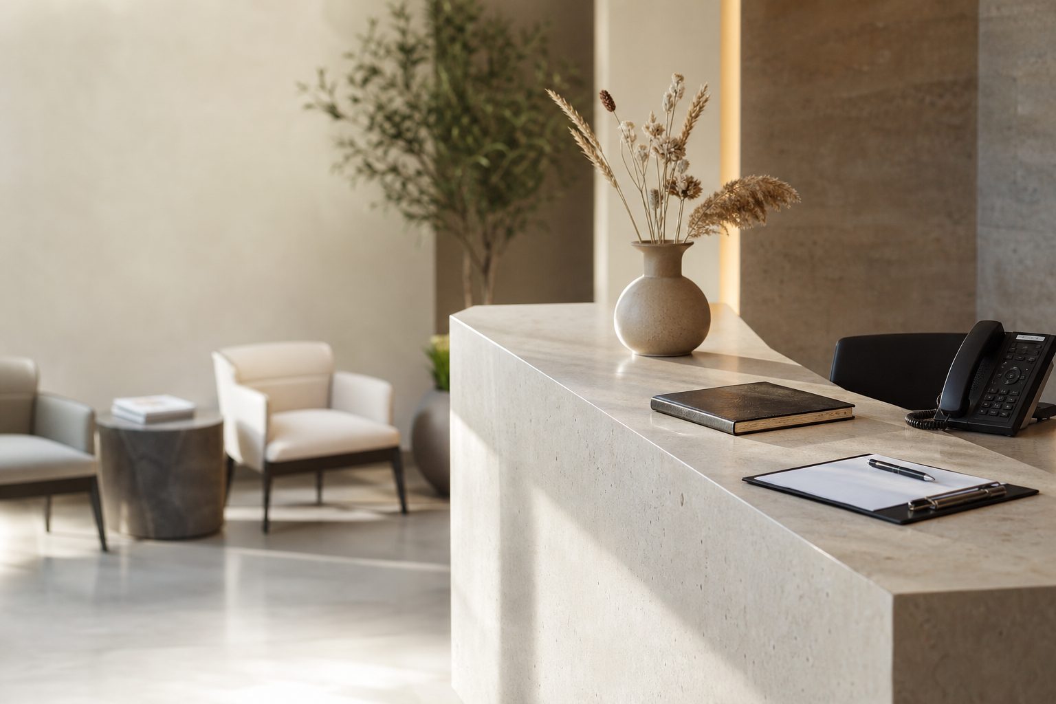 A calm clinic reception desk with an appointment book and a phone in morning light