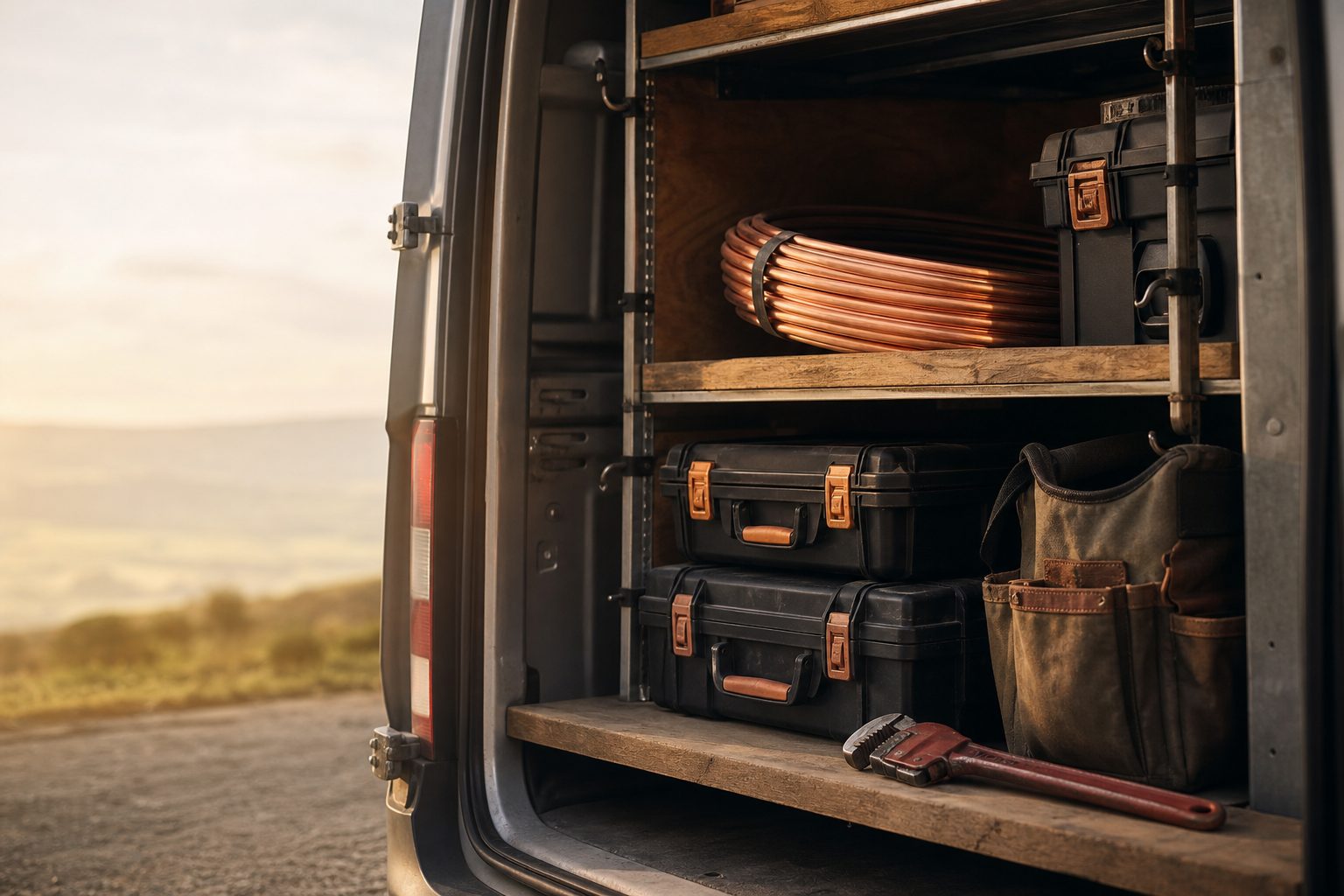 The open back of a work van with tool cases, copper pipe and a pipe wrench in evening light