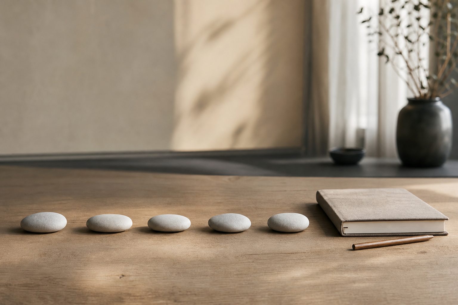 Five smooth stones laid in a line across an oak table beside a notebook