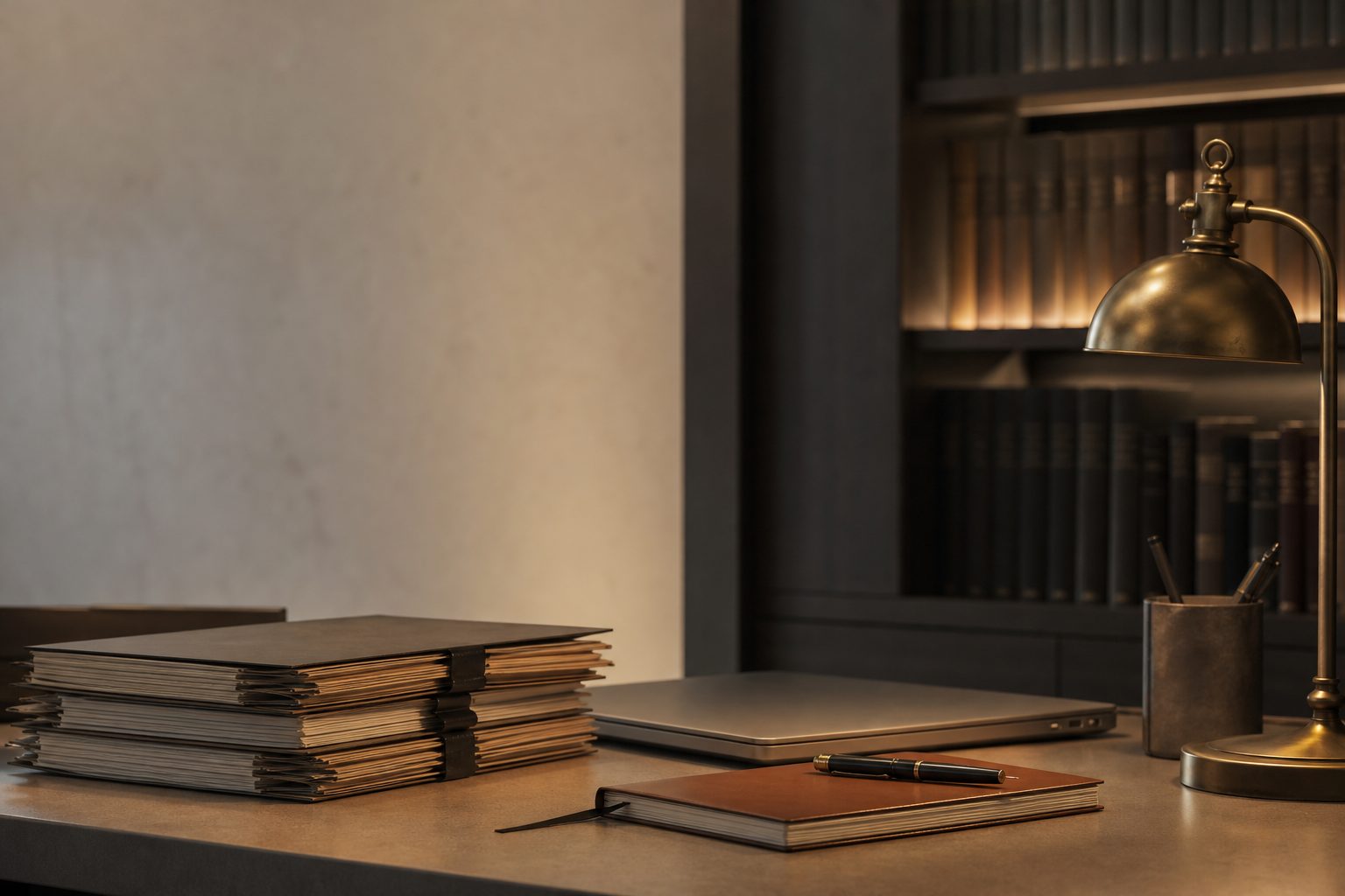 A law firm desk with case files under a lamp in the evening