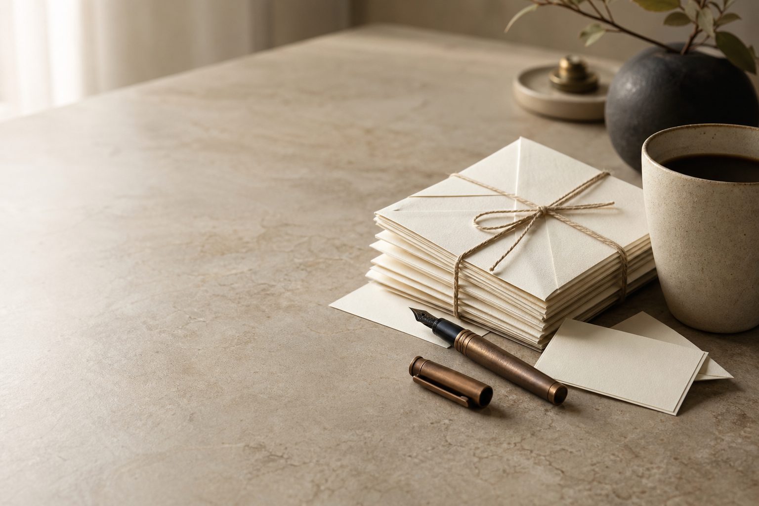 A stack of cream envelopes tied with string beside a fountain pen and coffee on a stone desk