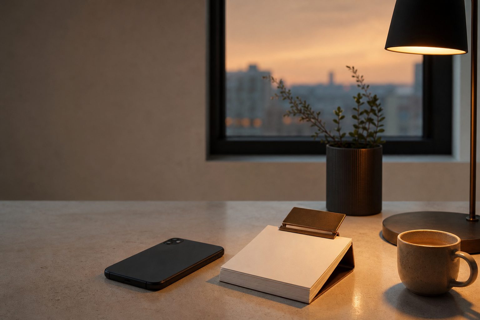 A quiet sales desk at dusk with a phone, a clipped stack of blank follow-up cards and a cup of coffee