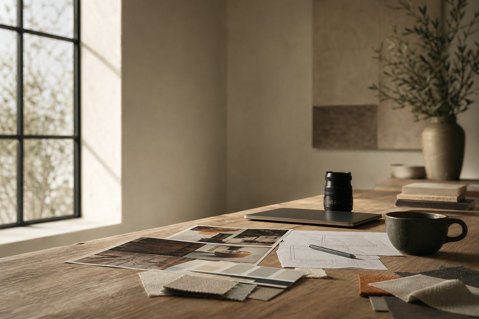 A studio table with printed mood boards, fabric swatches and layout sketches by a window