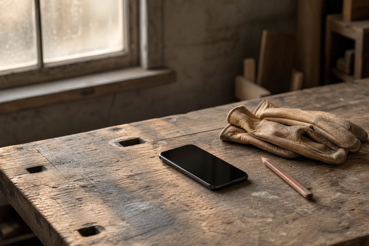 A phone left on a workshop bench beside leather work gloves while the team is out on a job