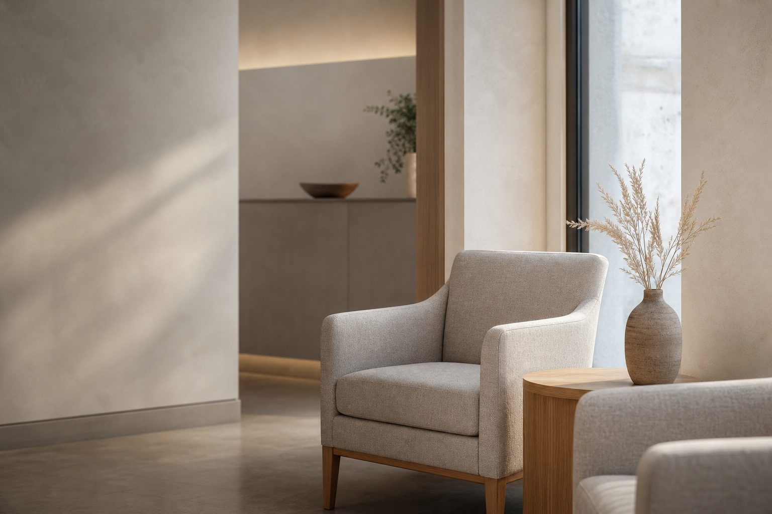 An empty armchair beside a side table in a calm clinic waiting area