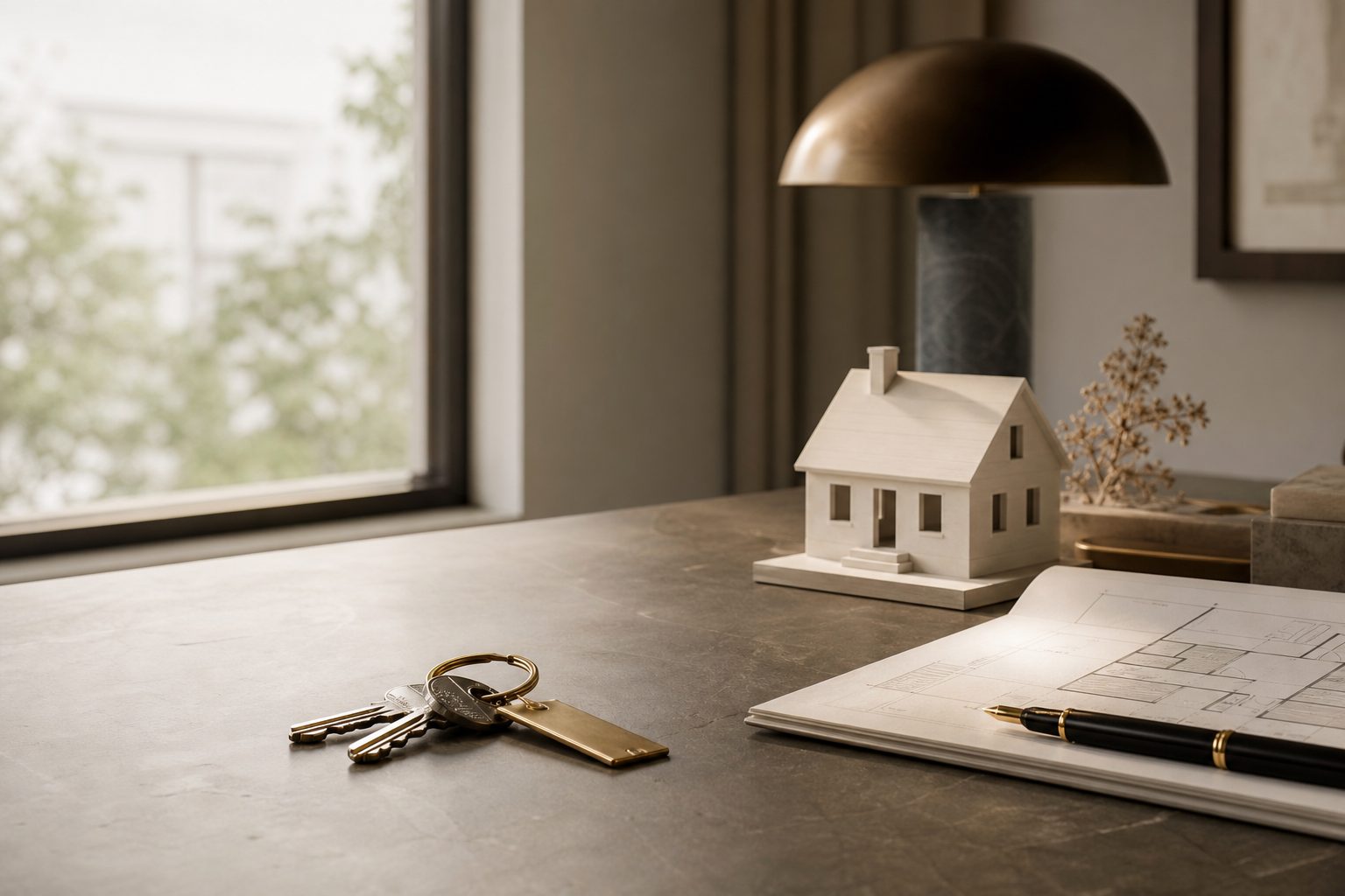 House keys, a small white house model and a floor plan on a property office desk