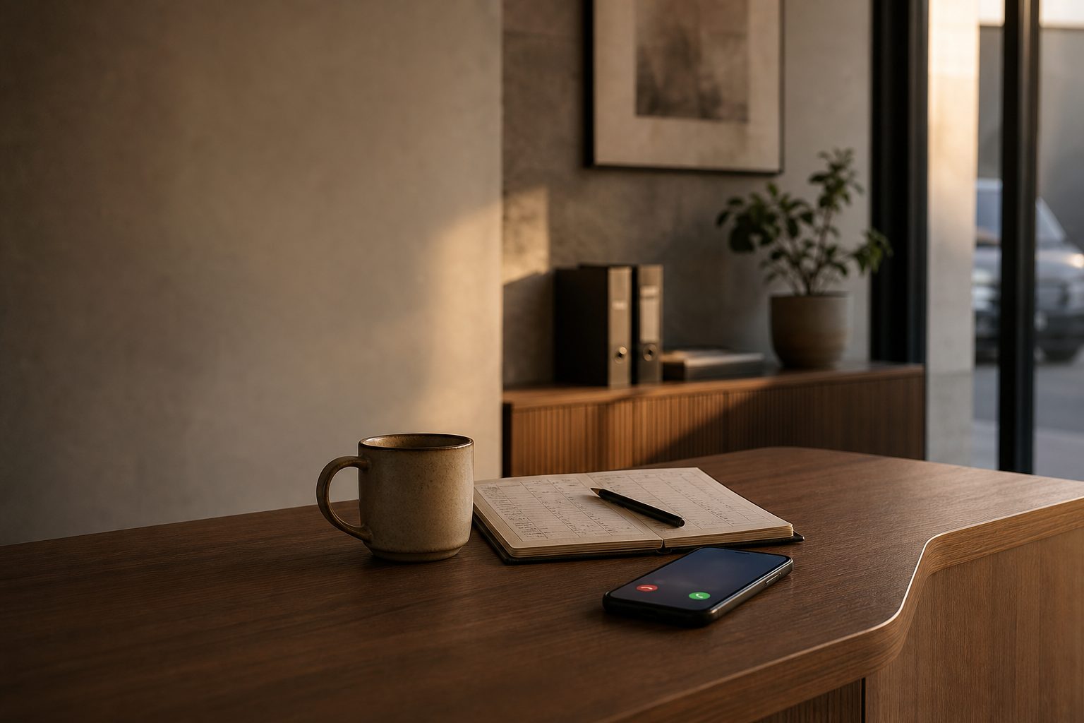 A phone ringing on a quiet front desk after hours