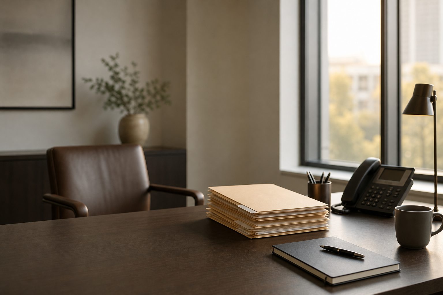 A recruiter's desk with candidate folders, a phone and a notebook in morning light