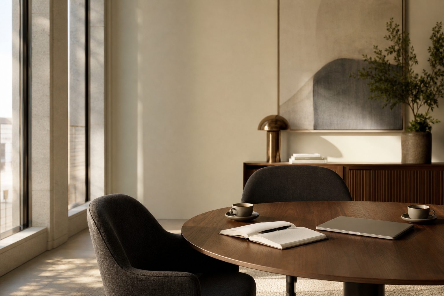 A quiet meeting room with two chairs at a round table, a notebook and two coffees