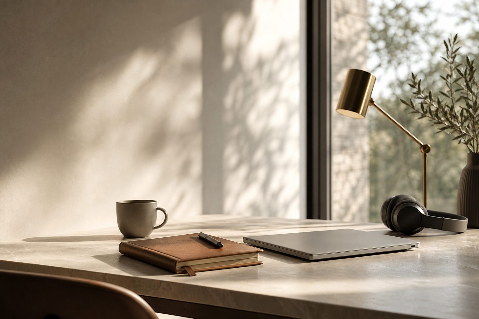 A sales desk with headphones, a notebook and a closed laptop in late afternoon light
