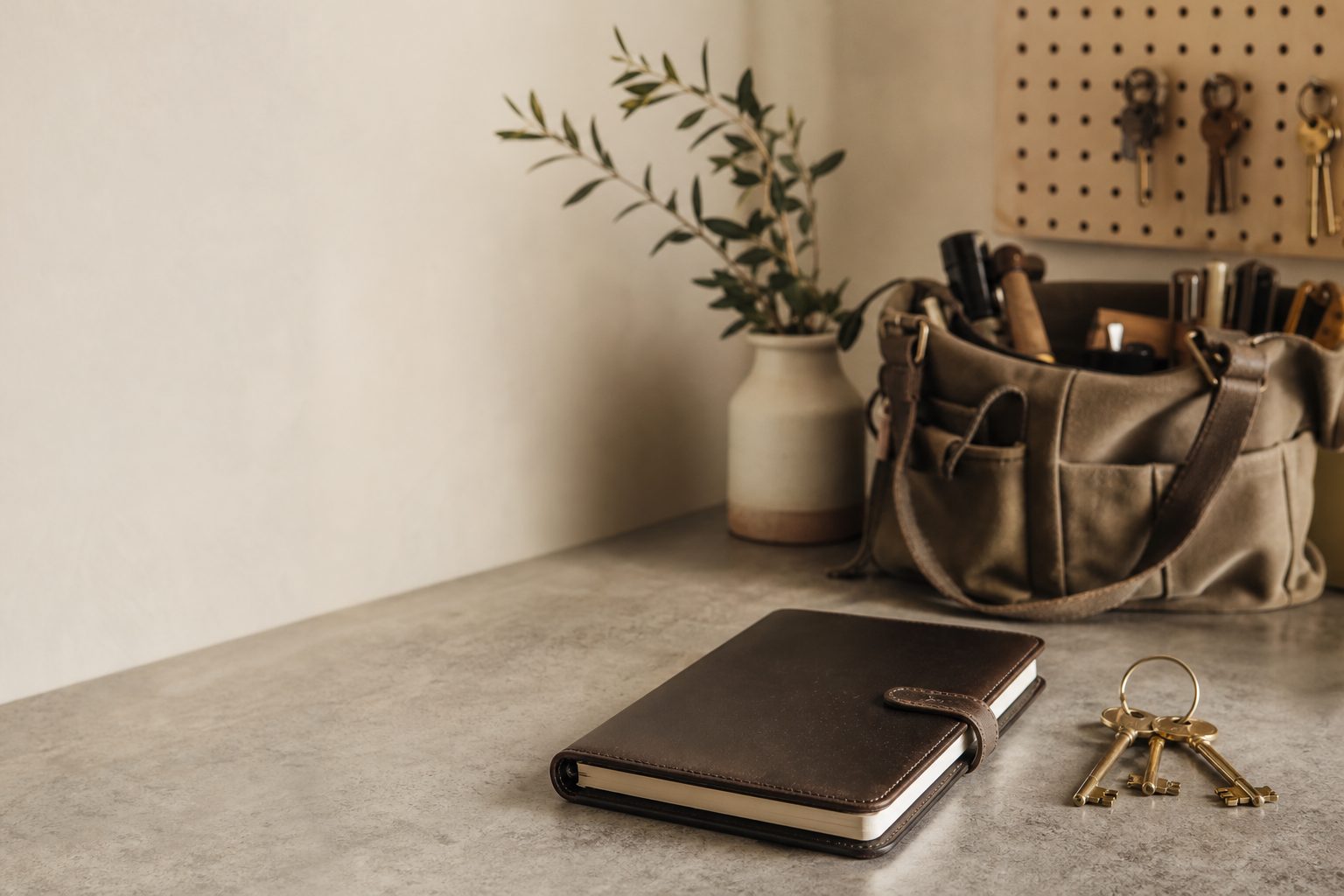 A leather desk diary and a ring of brass keys on a dispatch desk, a technician's tool bag behind