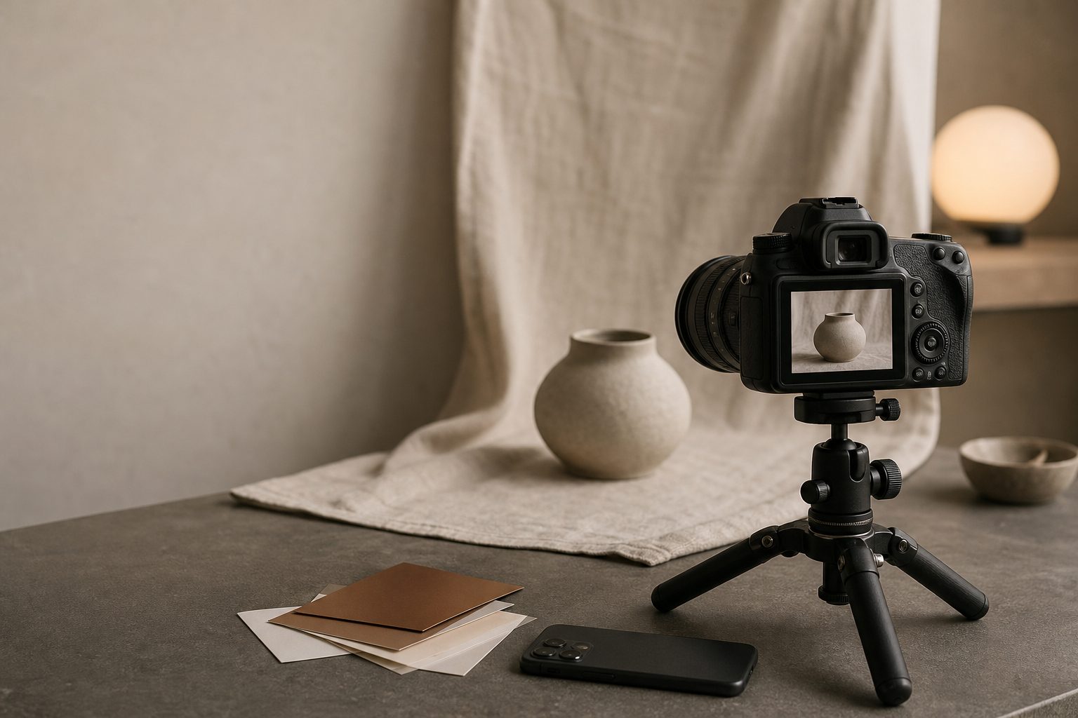 A small content studio with a camera on a tripod facing a ceramic vase on linen