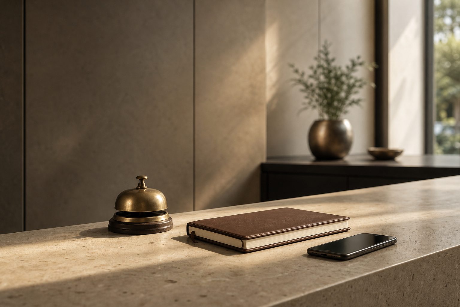A brass service bell and a phone on a quiet reception counter in afternoon light